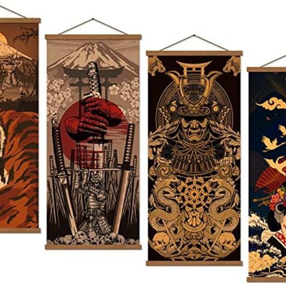 4 Piece Japanese Warrior Canvas Samurai Wall Art Print Poster Home 16”x35”